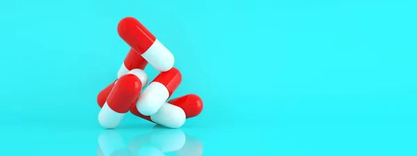青の背景 医療や薬局のコンセプト パノラマレイアウトイメージ 3Dレンダリング上のカプセル薬 — ストック写真