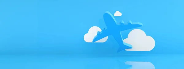 Літак Хмарами Синьому Фоні Концепція Подорожей Авіакомпанії Рендеринг Панорамний Макет — стокове фото