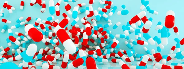 Many Capsule Pills Flying Blue Background Render Panoramic Image — Stock Photo, Image