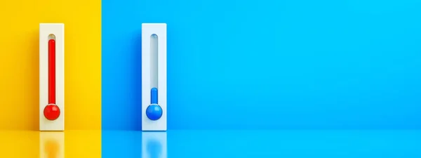 Meleg Hideg Hőmérők Renderelés Légkondicionáló Koncepció Panoráma Elrendezés — Stock Fotó