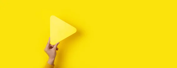 Media Player Button Hand Yellow Background Panoramic Mockup — Stock Photo, Image