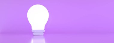 Mor zemin üzerinde yanan ampul, yaratıcı fikir, 3D render, panoramik görüntü