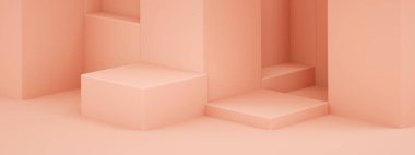 Ürün için boş podyum, pembe geometrik şekiller, 3D görüntüleme, panoramik model