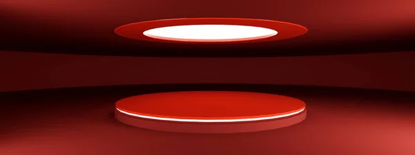 Renderização Showroom Moderno Vazio Vermelho Com Pedestal Branco Iluminação Led — Fotografia de Stock