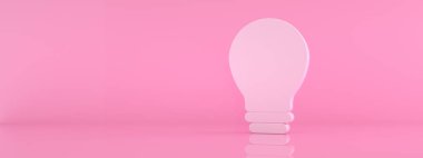 Pembe arkaplan üzerinde ampul simgesi, 3d oluşturma, panoramik metin için boşluk ile modelleme