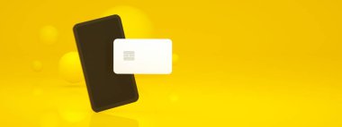 Sarı arkaplan üzerinde banka kartı olan cep telefonu, konsept çevrimiçi ödeme panoramik düzeni, 3d oluşturma