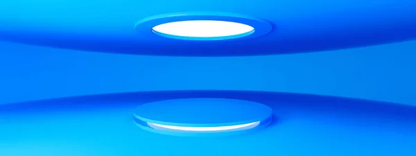 蓝色的空现代陈列室 带有空白底座和引导照明 用于产品展示 3D渲染 全景布局 — 图库照片