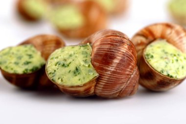 Taze bitkisel tereyağıyla doldurulmuş gurme salyangozun yakın çekimi, mutfak ve yemek kavramları için beyaz bir arka planda sunuluyor..