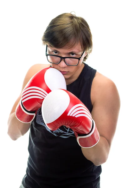 Facet z okulary i rękawice bokserskie — Zdjęcie stockowe