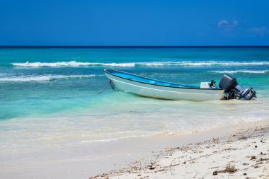 Tekne tropikal plaj Karayip Adası'nda