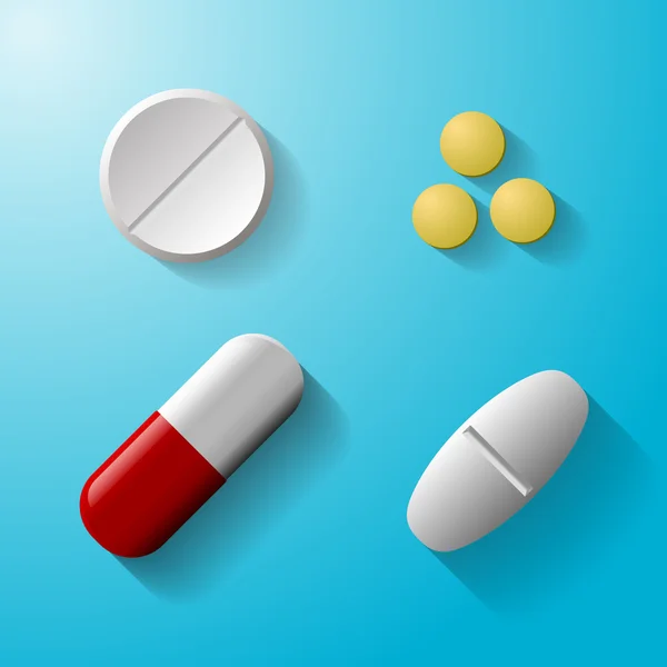 Tablets and pills vector set isolated on blue background. — Stock Vector