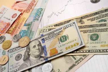 para banknot dolar ve sikke üzerinde mali bir grafik üzerinde beyaz bir arka plan ile Rus ruble