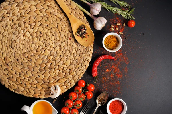The ingredients for the pizza spice pepper tomato basil oil on background — Stock Photo, Image