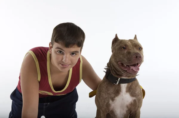 Εφηβικό αγόρι με σκύλου pit bull — Φωτογραφία Αρχείου