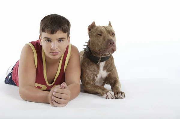 Εφηβικό αγόρι με σκύλου pit bull — Φωτογραφία Αρχείου