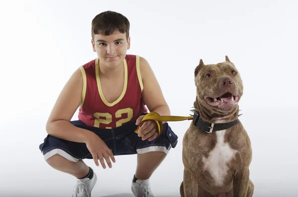 Хлопчик-підліток з собакою з пітбуля — стокове фото