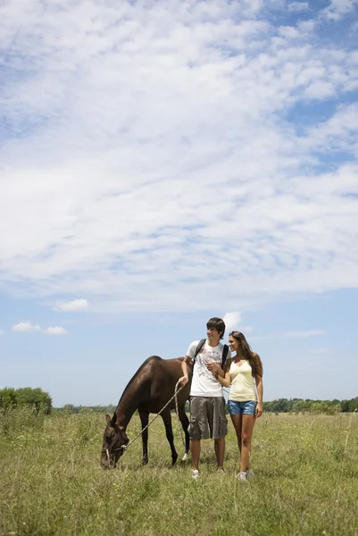 Młoda para z koniem — Zdjęcie stockowe