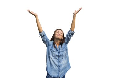 The girl happily raises his hands