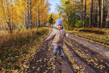 Sonbahar ormanda çalışan çocuk