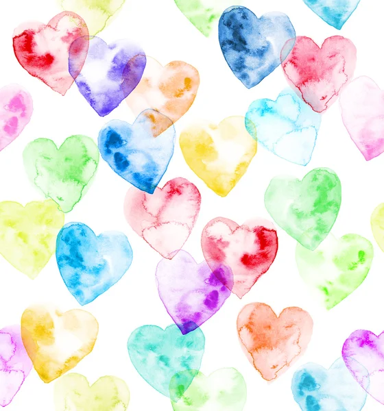 Aquarell-Herzen in Regenbogenfarben auf weißem Hintergrund in zufälliger Reihenfolge. nahtloses Muster — Stockfoto