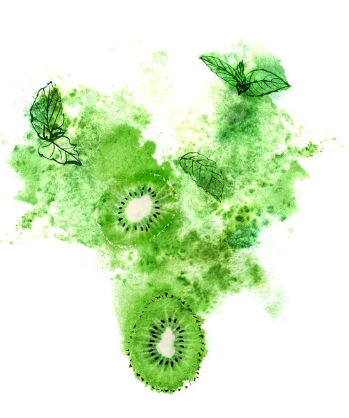 Saftiga kiwi, färsk mynta och gröna stänk på vit bakgrund. Hand-målade akvarell illustration — Stockfoto