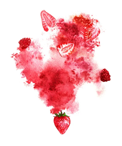 Soczyste jagody i czerwony splash na białym tle. Ręcznie malowane akwarela ilustracja — Zdjęcie stockowe