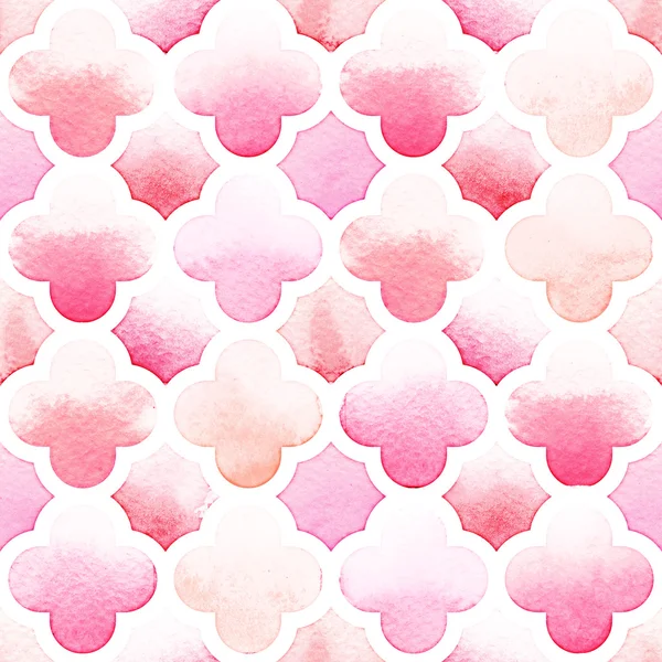 Morrocan prydnad av rosa färger med quatrefoil på vit bakgrund. Akvarell seamless mönster — Stockfoto