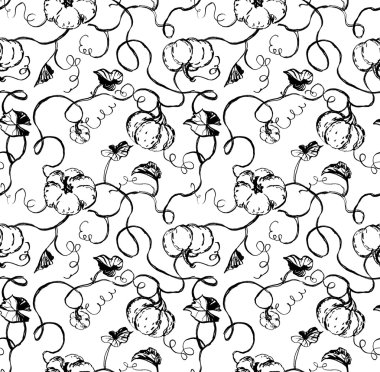 Kabaklar doodle, yaprakları ve beyaz arka plan üzerinde asma. El boyaması Dikişsiz desen kumaş için