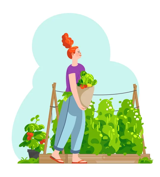 台所の庭で収穫された野菜でいっぱいのバスケットを運ぶ笑顔の女性 鍋に緑のエンドウ豆とトマトと木製の育てた庭のベッド 園芸や農業の概念 ベクトル平図 — ストックベクタ