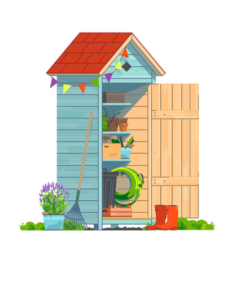 Mini garden shed with household tools isolated on white background. Irrigation hose, watering can, fan rake, pots and flovers for gardening and landscaping. Vector illustration
