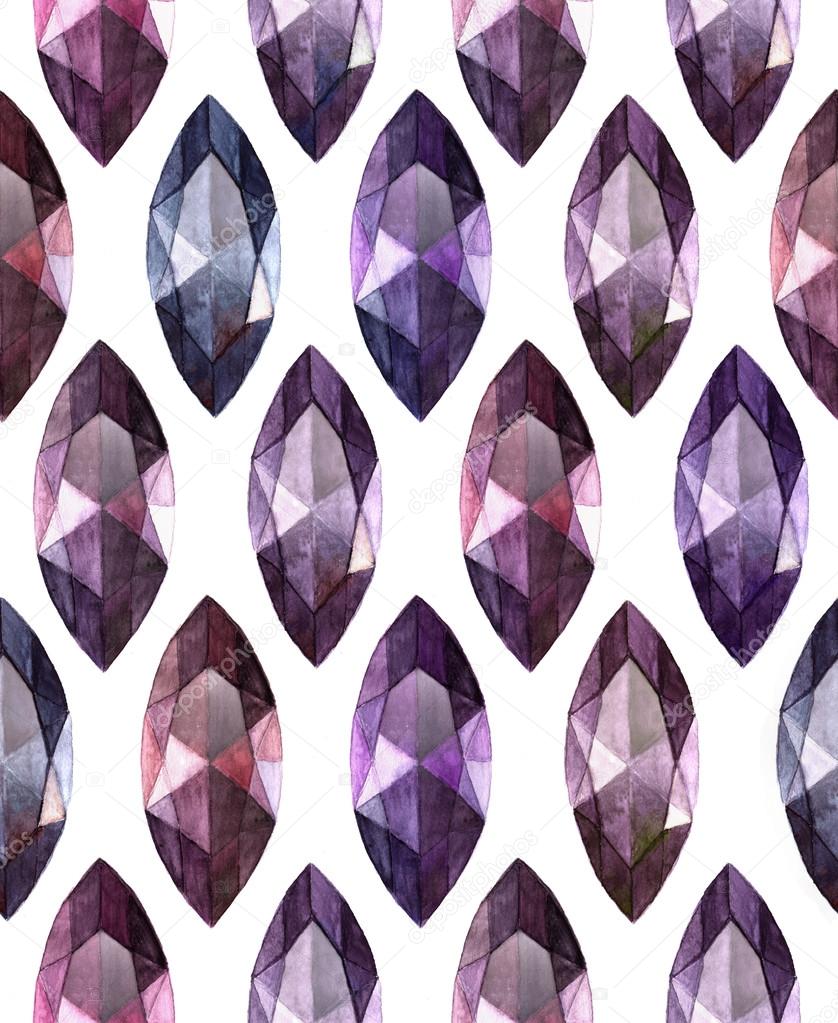 Marquise cut amethyst.  Watercolor seamless  pattern of gemstones on white background