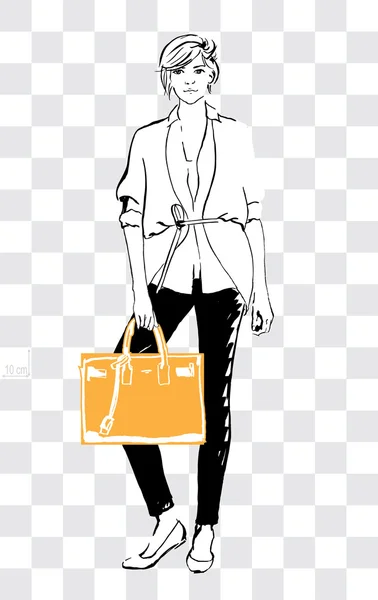 Las mujeres del bosquejo podrían mostrar el tamaño real del bolso, bolso de mano o bolso de la ciudad. Ilustración vectorial dibujada a mano . — Vector de stock