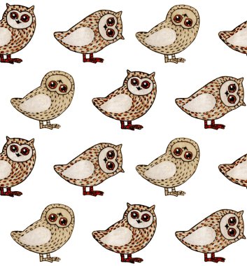 Baykuşlar beyaz zemin üzerine boya kalemi ile. Seamless modeli el yapımı