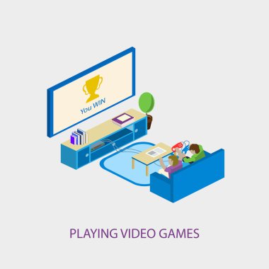 İki okul birlikte video oyunları oynarken çocuklar. Vektör illusytration