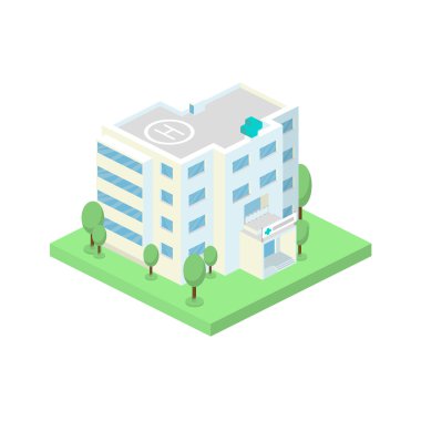 Vektör izometrik Hastane Binası ve peyzaj ağaçları ile