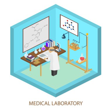 Tıbbi Laboratuar bilim adamı, izometrik düz vektör çizim