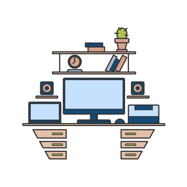 Línea delgada diseño plano del lugar de trabajo. Ilustración moderna del vector c — Vector de stock