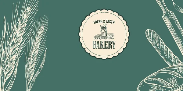 Bakery sketch.  Ears, rolls, pastries, bread, baguette, rolling pin. — Stock Vector