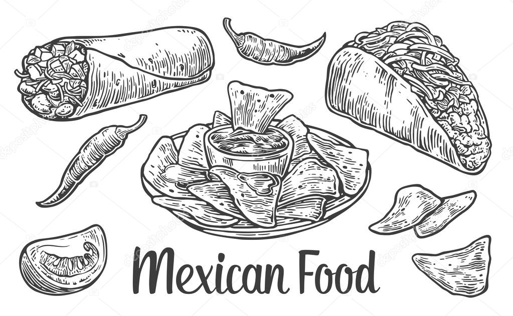 Mexican traditional food set with text message, burrito, tacos, chili, tomato, nachos.