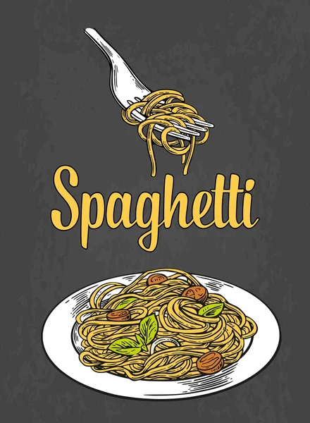 Špagety na vidličku a desky. Barevná rytina — Stockový vektor