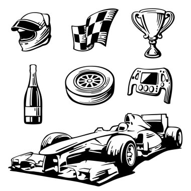Araba yarışı simgeleri Formula 1 ayarlayın. Kask, tekerlek, lastik, hız göstergesi, bardak, bayrak, Vektör düz illüstrasyon beyaz arka plan üzerinde izole.