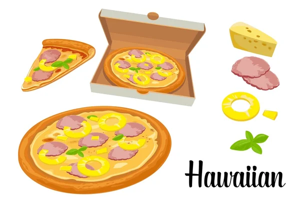 Egy egész pizza és egy szelet pizza Hawaiian nyitott fehér dobozban. Elszigetelt vektor lapos illusztráció fehér háttér. Plakát, menük, logotípus, prospektus, web, szállítási üzlet, élelmiszerdoboz és ikon esetében. — Stock Vector