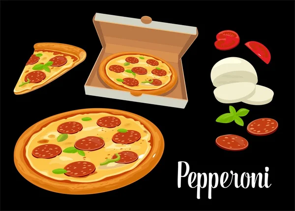 Whole pizza and slices of pizza pepperoni in open white box. Isolated vector flat illustration on black background. For poster, menus, logotype, brochure, web, delivery business, food box and icon. — Stock Vector
