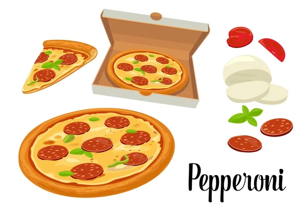 Egy egész pizza és egy szelet pepperoni nyitott fehér dobozban. Elszigetelt vektor lapos illusztráció fehér háttér. Plakát, menük, logotípus, prospektus, web, szállítási üzlet, élelmiszerdoboz és ikon esetében. — Stock Vector