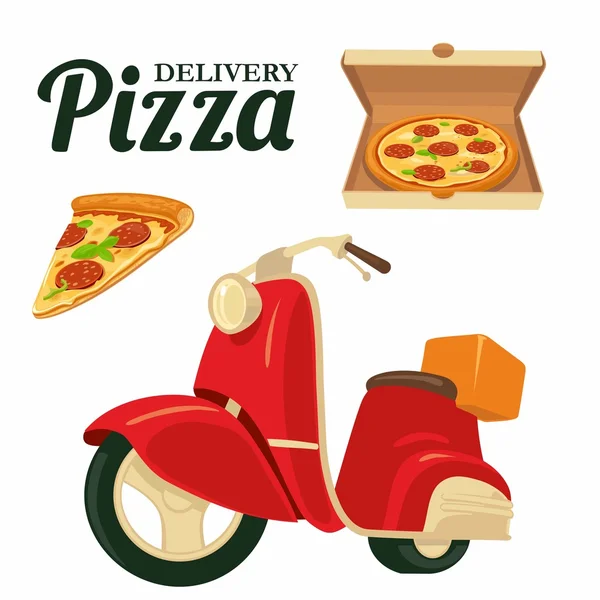 Dodávala pizzu na červené mopedu Pizza. Izolovaný vektorový obrázek na bílém pozadí. Pro web, ikonu, nápis, titulní obraz, menu, logotyp, brožura, prezentace. — Stockový vektor
