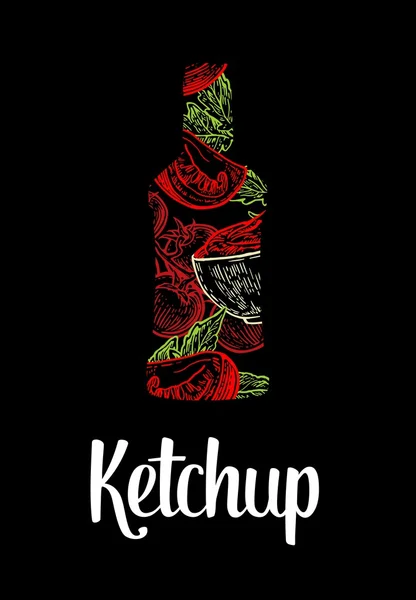 Botella de ketchup con tomate, rodaja de tomate, hoja. Dibujo dibujado a mano en color sobre fondo negro vintage. Ilustración grabada vectorial . — Vector de stock