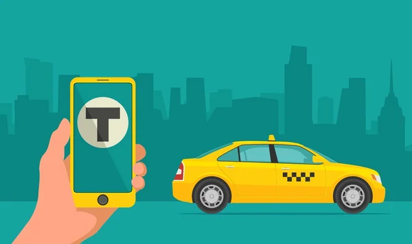 Hand mit Telefon mit Schnittstelle Taxi auf einem Bildschirm auf einem Hintergrund Taxi in der Stadt. mobile App zur Buchung von Taxis. Flat Vector Illustration für Unternehmen, Informationsgrafik, Banner, Präsentationen. — Stockvektor