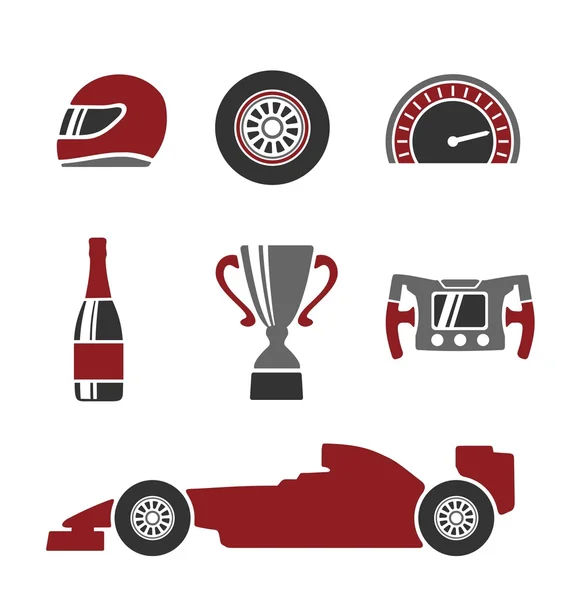 Ícones de corrida de carro definir Fórmula 1. Capacete, roda, pneu, velocímetro, copo, bandeira, Vector ilustração plana isolado no fundo branco . —  Vetores de Stock