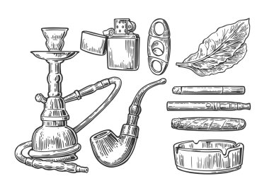 Vintage Sigara Tütün öğeleri kümesi. Tek renkli stil. Nargile, çakmak, Sigara, puro, kül tablası, boru, yaprak, ağızlık. Vektör vintage siyah illüstrasyon izole beyaz zemin üzerine kazınmış.