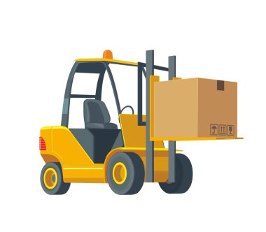 Forklift bir kutu taşır. Geniş düz vektör illüstrasyon izole lojistik iş, bilgi grafik, web, afiş, sunumlar için beyaz arka plan üzerinde.